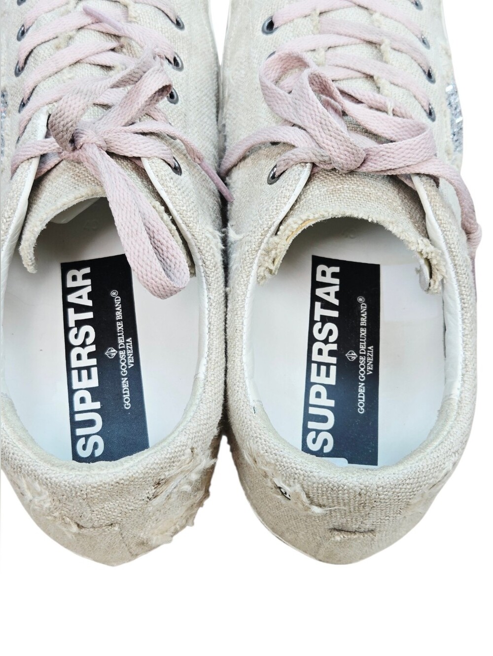Golden Goose Superstar Distressed Linen Glitter Star Sneakers Pink Laces EU 40 - Picture 7 of 16